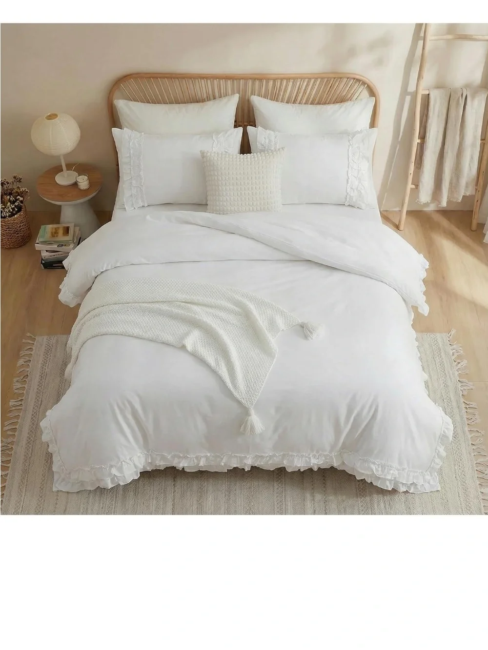 Merryword 100% Cotton Ruffled Comforter Set King, White Shabby Chic Farmhouse